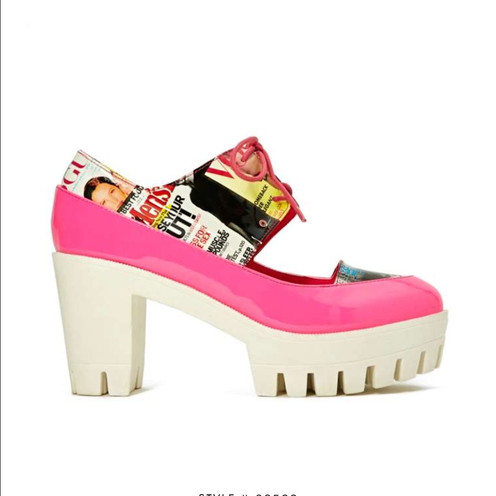 Nasty Gal Hot Pink Patent Mary Jane Chunky Heel with Magazine Print